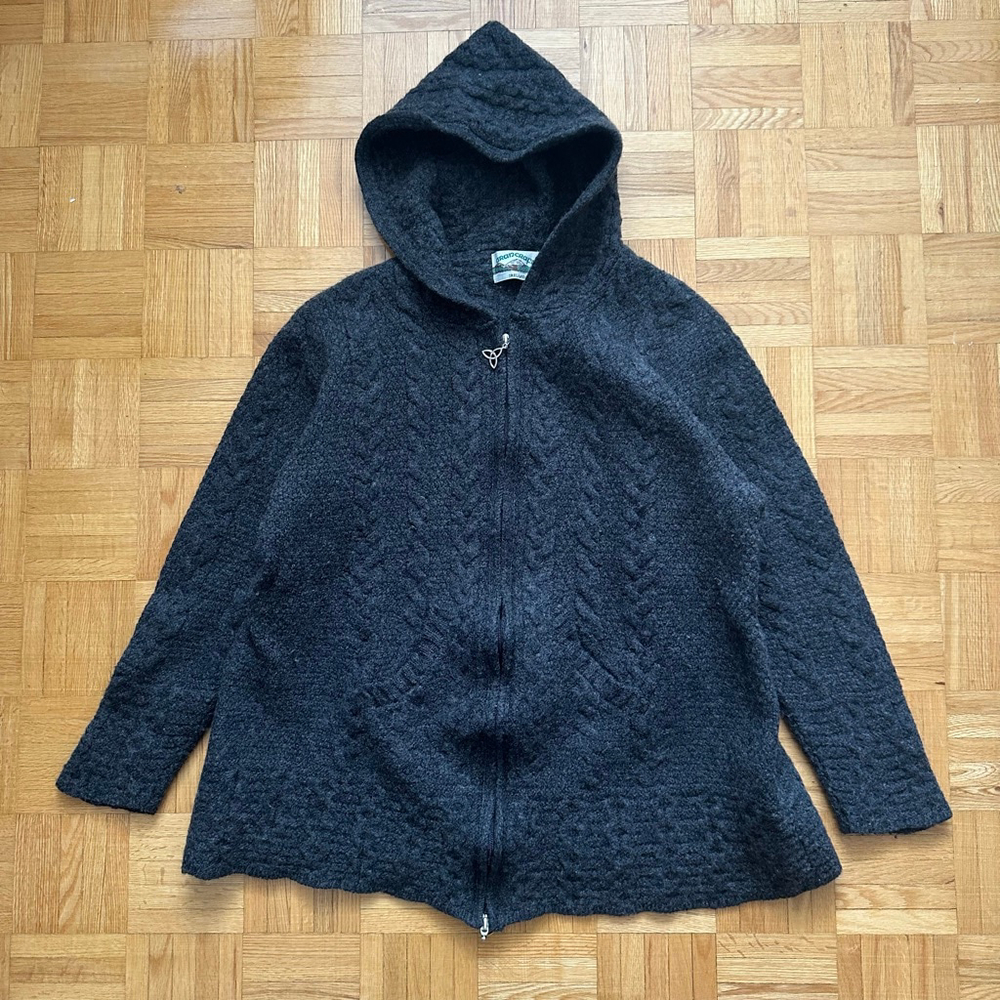 Aran Hooded Cardigan sweater Irish Merino Wool 2XL